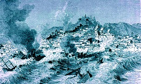 Hình ảnh mô phỏng thảm họa sóng thần ở Lisbon năm 1755. Hình ảnh mô phỏng thảm họa sóng thần ở Lisbon năm 1755