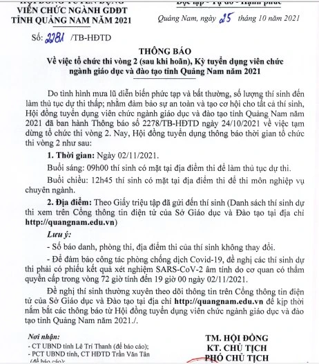 Thông báo mới của Hội đồng tuyển dụng viên chức ngành Giáo dục và đào tạo tỉnh Quảng Nam năm 2021