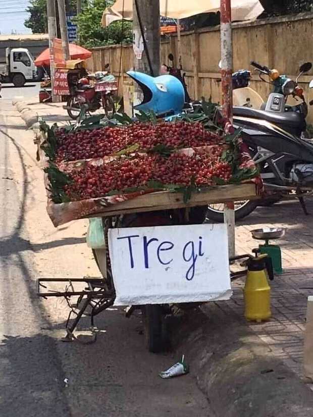 Chủ xe hàng rong bán Cherry nhưng lại ghi trên biển bán là "Tre gi".