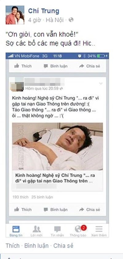 NSƯT Chí Trung bị tế sống trên Facebook