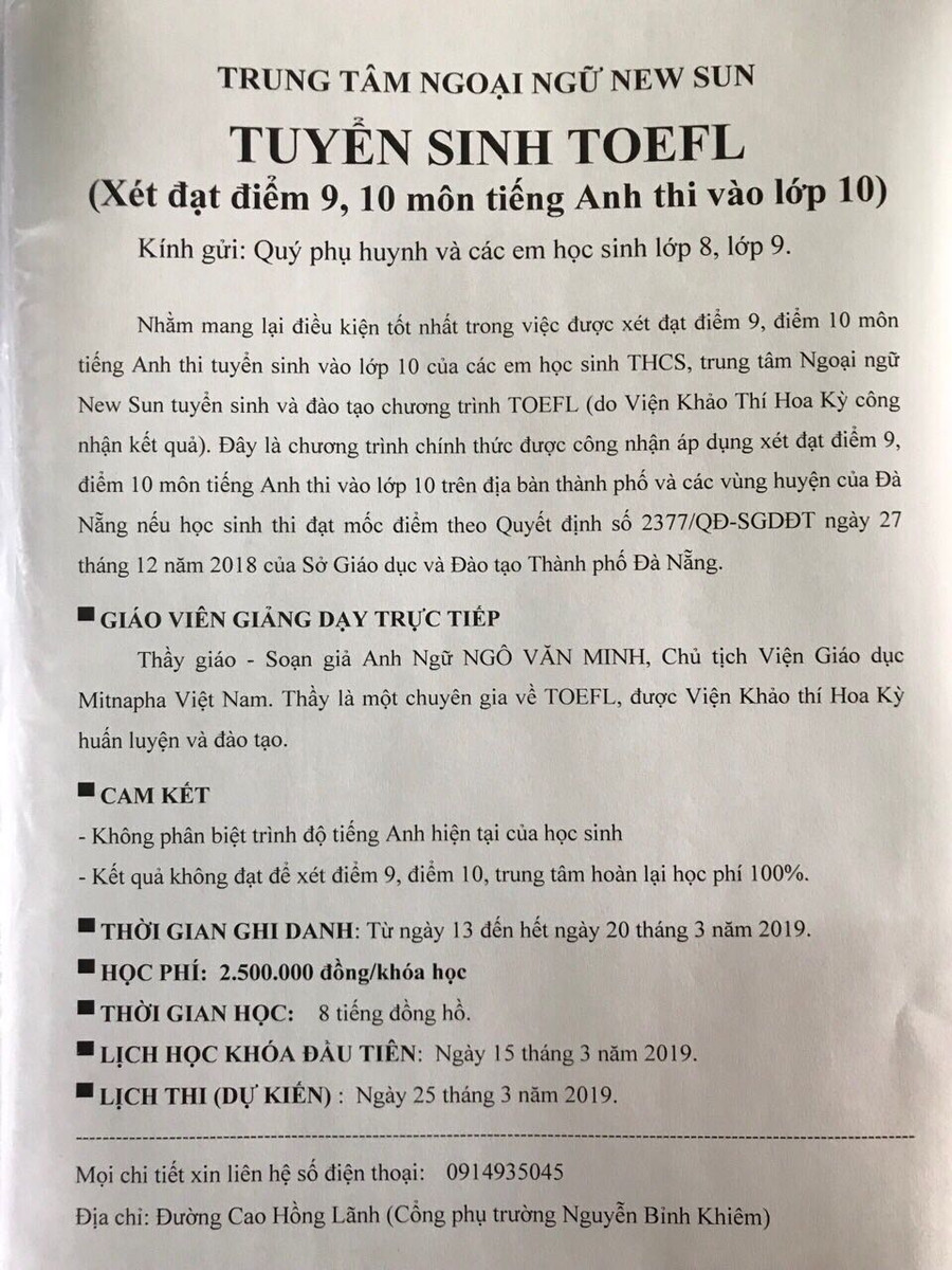 Tờ rơi thông báo chiêu sinh dưới danh nghĩa của Trung tâm Ngoại ngữ New Sun Tờ rơi thông báo chiêu sinh dưới danh nghĩa của Trung tâm Ngoại ngữ New Sun