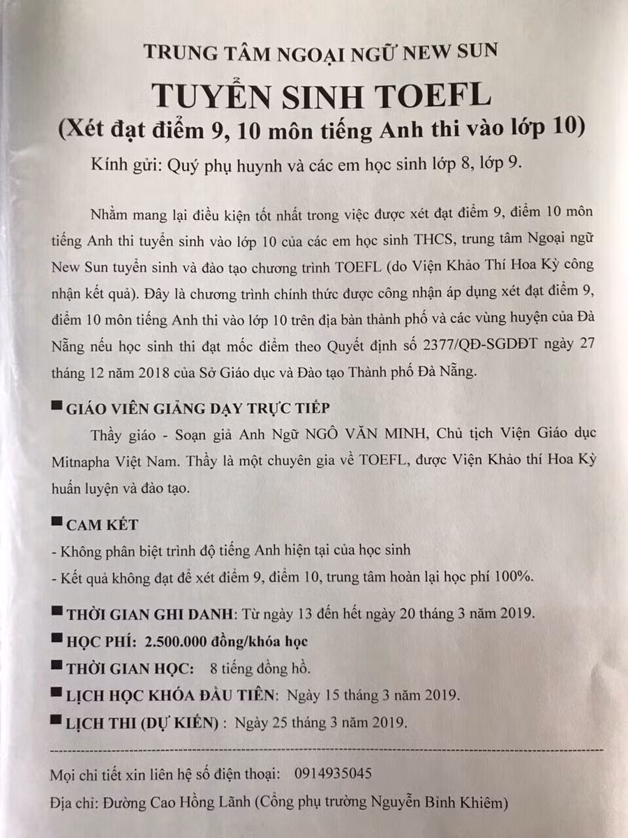 Tờ rơi thông báo chiêu sinh dưới danh nghĩa của Trung tâm Ngoại ngữ New Sun