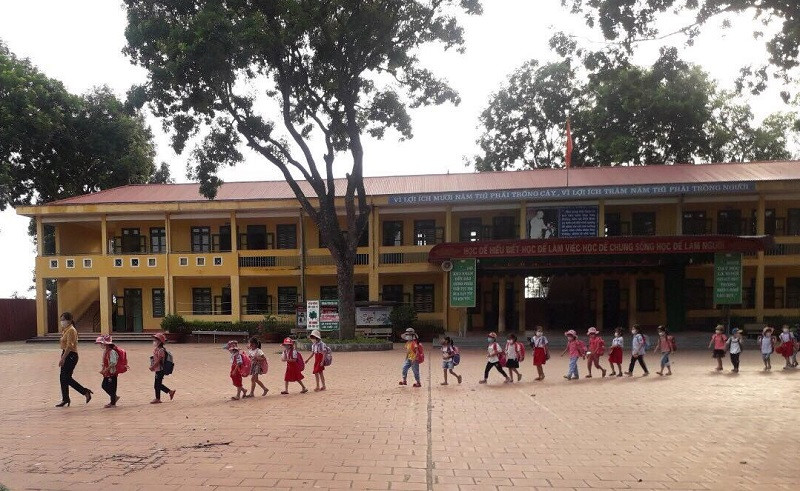 HS Trường Tiểu học thị trấn Hương Sơn (Phú Bình – Thái Nguyên) ra về lần lượt theo giờ để bảo đảm giãn cách. Ảnh: NTCC
