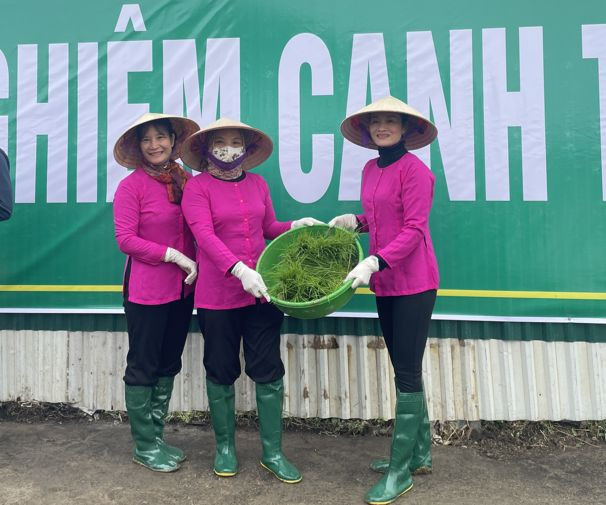 Hiệu trưởng Mai Chang (bên phải) và các cô giáo chuẩn bị mạ. Hiệu trưởng Mai Chang (bên phải) và các cô giáo chuẩn bị mạ.