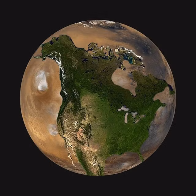  Sao Hỏa có thể trở thành ngôi nhà thứ hai cho nhân loại nhưng nó chỉ có kích thước hơn một nửa Trái Đất. Nếu lấy Bắc Mỹ đặt vào sao Hỏa thì nó sẽ chiếm nửa bán cầu của ngôi sao này. 