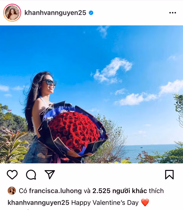 Khá kín tiếng trong chuyện đời tư, nhưng vào đúng ngày Lễ tình nhân Hoa hậu Khánh Vân đã đánh úp bằng bó hoa hồng to từ ai đó vào ngày vô cùng đặc biệt này.