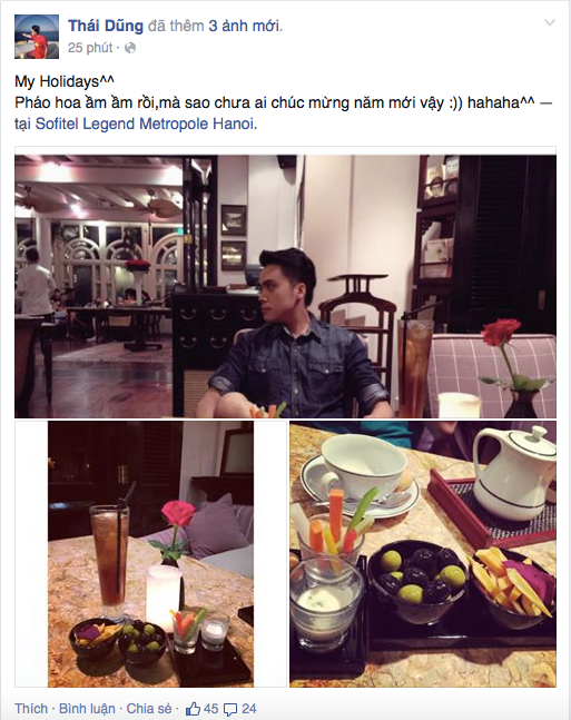 MC Thái Dũng cũng dí dỏm viết trên trang cá nhân: "Pháo hoa ầm ầm rồi mà sao chưa ai chúc mừng năm mới vậy". Sao Việt háo hức xem pháo hoa mừng 30/4
