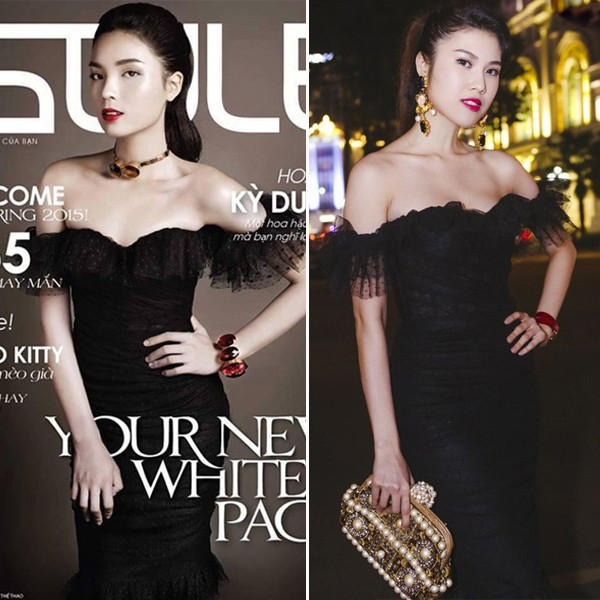 Khi thực hiện ảnh bìa cho một tạp chí thời trang, hoa hậu Kỳ Duyên diện mẫu váy giống y đúc trang phục của MC Thu Hằng. Thiết kế hàng hiệu được chân dài làng mốt đón đầu và diện trước đó hơn nửa năm. Tuy nhiên, vẻ đẹp kiều diễm cùng kiểu tóc ướt giúp Hoa hậu Việt Nam 2014 trông sang trọng hơn hẳn giải vàng Siêu mẫu. 10 vụ đụng váy áo mới nhất của mỹ nhân showbiz Việt