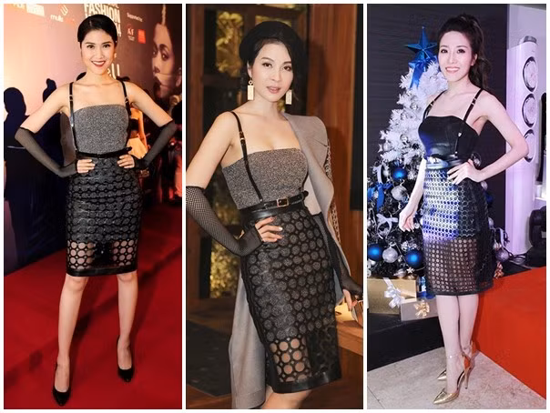 Mẫu trang phục được Thu Hằng, MC Thanh Mai và Trang Pháp yêu thích nằm trong bộ sưu tập mới của NTK Chung Thanh Phong. Mẫu thiết kế hiện đại với kiểu váy da cắt laser kết hợp ăn ý cùng váy quây, phụ kiện thắt lưng dây và găng tay làm điểm nhấn cá tính. Thu Hằng nhanh nhạy khi chọn mặc bộ cánh này tại sự kiện Tuần lễ thời trang quốc tế Việt Nam. Trang Pháp cũng nhận được lời khen khi khoác lên mình set đồ hợp phong cách. Riêng MC Thanh Mai lại vướng lỗi chọn phụ kiện hoa tai và kiểu tóc nữ tính không ăn nhập. 10 vụ đụng váy áo mới nhất của mỹ nhân showbiz Việt