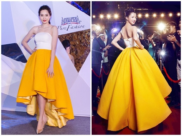 Tương tự, một thí sinh khác trong cuộc thi Hoa khôi áo dài Việt Nam khéo léo chọn thiết kế đầm dạ hội mullet ăn nhập vóc dáng và nổi bật không kém cạnh hoa hậu Đặng Thu Thảo. 10 vụ đụng váy áo mới nhất của mỹ nhân showbiz Việt