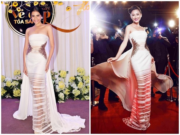 Một thí sinh trong chương trình Hoa khôi thời trang diện lại mẫu váy của Trương Thị May để thể hiện chủ đề cuộc thi. 10 vụ đụng váy áo mới nhất của mỹ nhân showbiz Việt