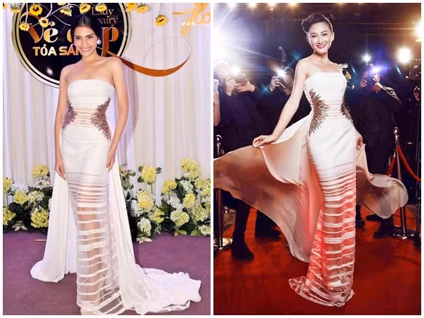 Một thí sinh trong chương trình Hoa khôi thời trang diện lại mẫu váy của Trương Thị May để thể hiện chủ đề cuộc thi. 10 vụ đụng váy áo mới nhất của mỹ nhân showbiz Việt