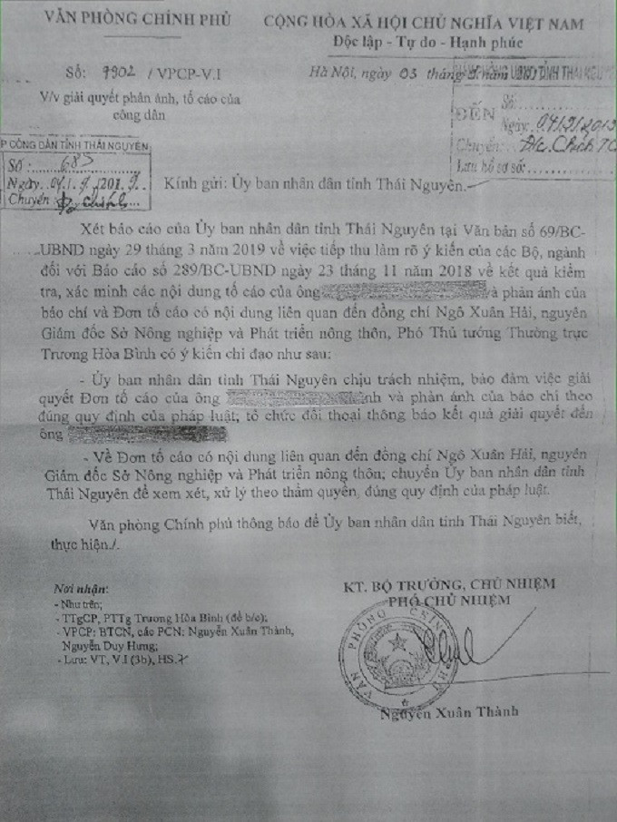 Phó Thủ tướng Thường trực Trương Hòa Bình đã nhiều lần có ý kiến chỉ đạo nhưng tỉnh Thái Nguyên vẫn "ngó lơ" Phó Thủ tướng Thường trực Trương Hòa Bình đã nhiều lần có ý kiến chỉ đạo nhưng tỉnh Thái Nguyên vẫn "ngó lơ"