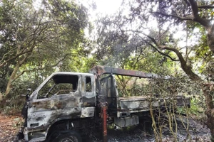 Hiện trường chiếc xe tải bị thiêu rụi.