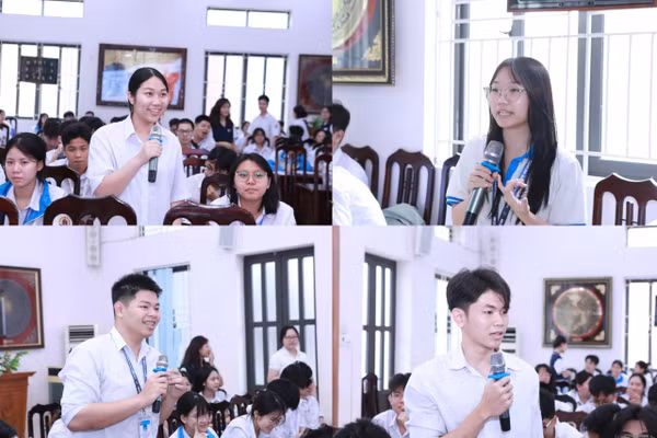Học sinh Trường THPT chuyên Hưng Yên đặt câu hỏi về hướng nghiệp với chuyên gia. Ảnh: Tuệ Đình