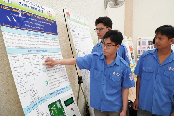 Sinh viên Trường Cao đẳng Kỹ thuật Cao Thắng tại buổi giao lưu nghiên cứu khoa học với sinh viên Nhật Bản. 