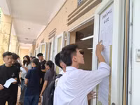 Thí sinh xem thông tin phòng thi trong ngày làm thủ tục dự thi. Ảnh: Nguyễn Nhung