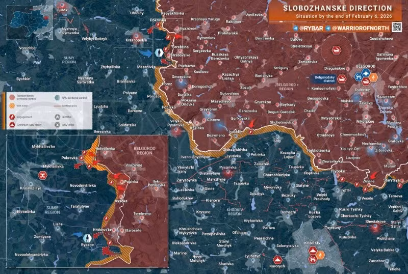 Bản đồ chiến sự Ukraine ngày 06/02/2026, hướng Slobozhanske. (Ảnh: Rybar) ban-do-chien-su-2.jpg