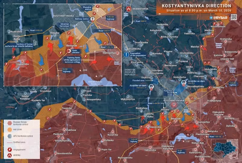 Bản đồ chiến sự Ukraine ngày 10/3, hướng Kostyantynivka. (Ảnh: Rybar) ban-do-chien-su-2.jpg