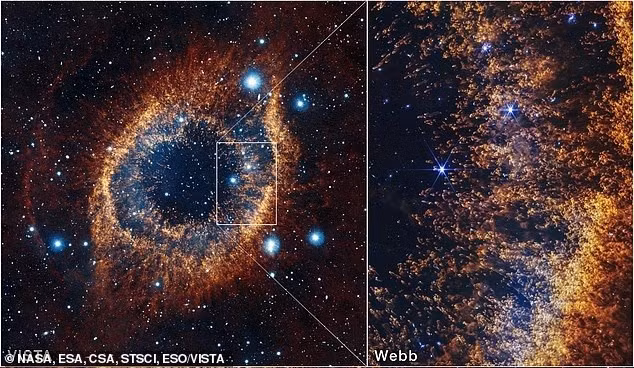 Kính viễn vọng James Webb đã chụp được hình ảnh tinh vân Helix cách Trái Đất 650 năm ánh sáng, rộng 3 năm ánh sáng. Đây là lớp bụi khí do một ngôi sao giống Mặt Trời thải ra khi cạn nhiên liệu, minh họa số phận hệ Mặt Trời. nasa-tiet-lo-kich-ban-mat-troi-nuot-trai-dat-2.jpg
