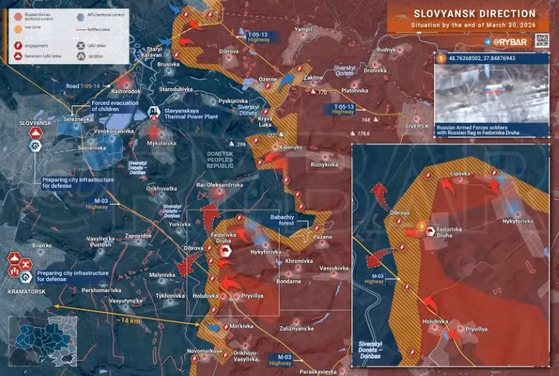 Bản đồ chiến sự Ukraine ngày 30/3, hướng Slovyansk. (Ảnh: Rybar) ban-do-chien-su-2.jpg