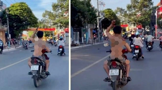 Võ Văn Chánh vừa điều khiển máy vừa cầm một cây rựa cán gỗ dài khoảng 60cm “múa” trên đường.