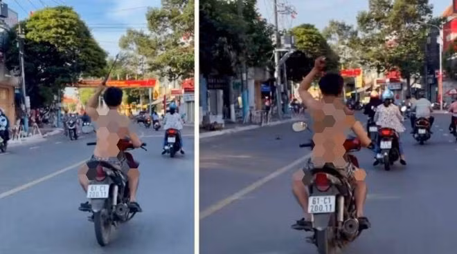 Võ Văn Chánh vừa điều khiển máy vừa cầm một cây rựa cán gỗ dài khoảng 60cm “múa” trên đường.