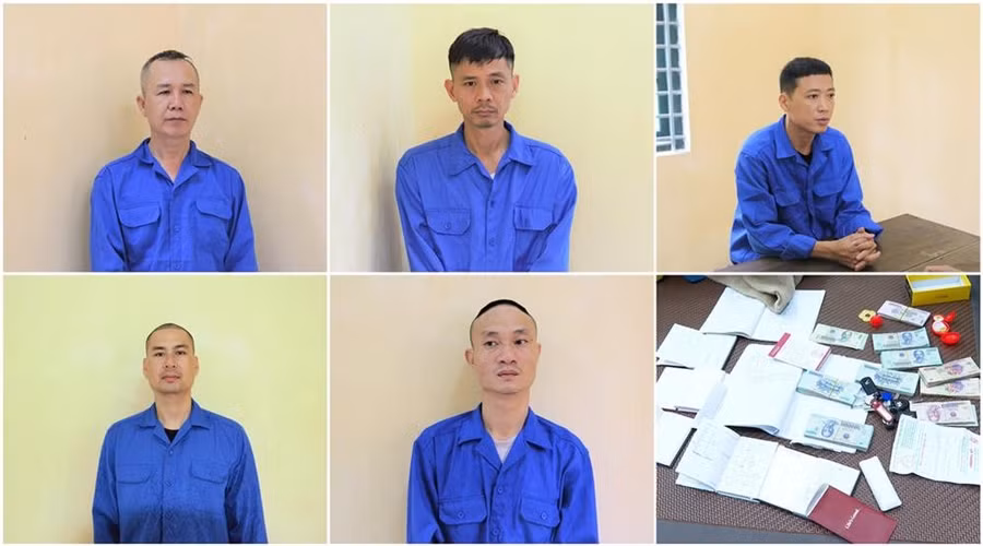 Nhóm người trong đường dây cá độ bóng đá cùng tang vật vụ án.