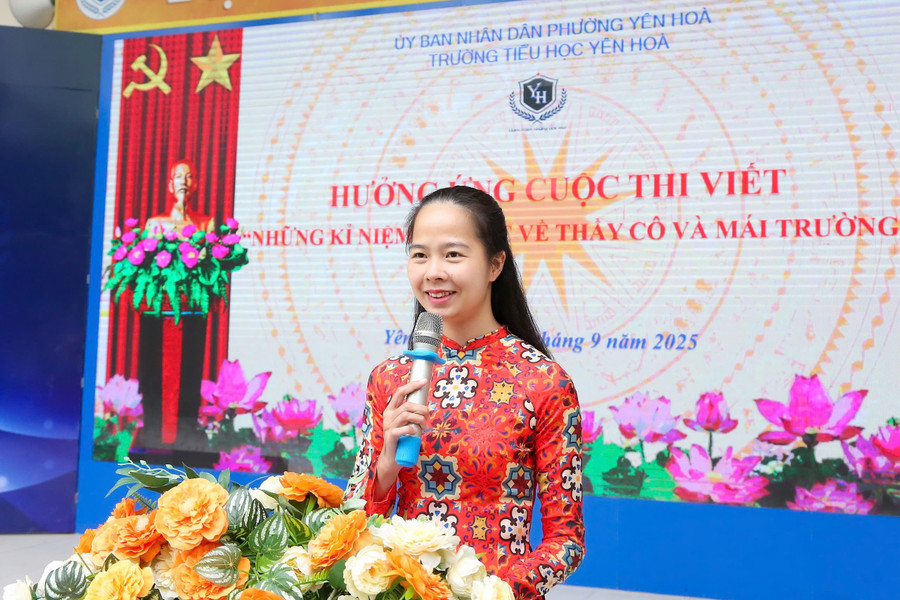 Nhà giáo Nguyễn Thị Phương Liên - Phó Hiệu trưởng Trường Tiểu học Yên Hòa phát biểu hưởng ứng cuộc thi tới học sinh nhà trường. y1.jpg
