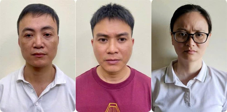 Nhóm bị can (từ trái sang phải): Lương Đình Quân; Lê Ngọc Tùng: Bùi Thị Thúy. 11b80533a8381c664529-1.jpg