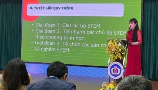 Cô giáo Nguyễn Lan Phương trình bày tham luận tại Hội nghị do Sở GD &ĐT Hà Nội tổ chức.