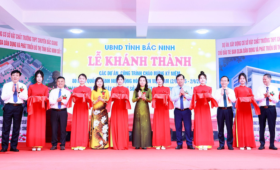 Các đại biểu thực hiện nghi lễ cắt băng khánh thành dự án. 