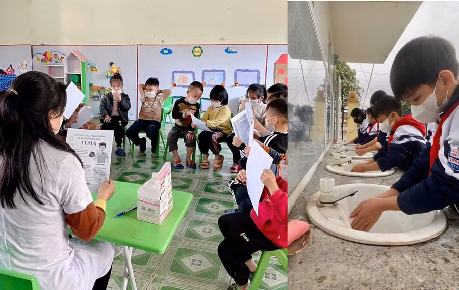 Học sinh Bắc Giang rửa tay với xà phòng, đảm bảo vệ sinh an toàn học đường.