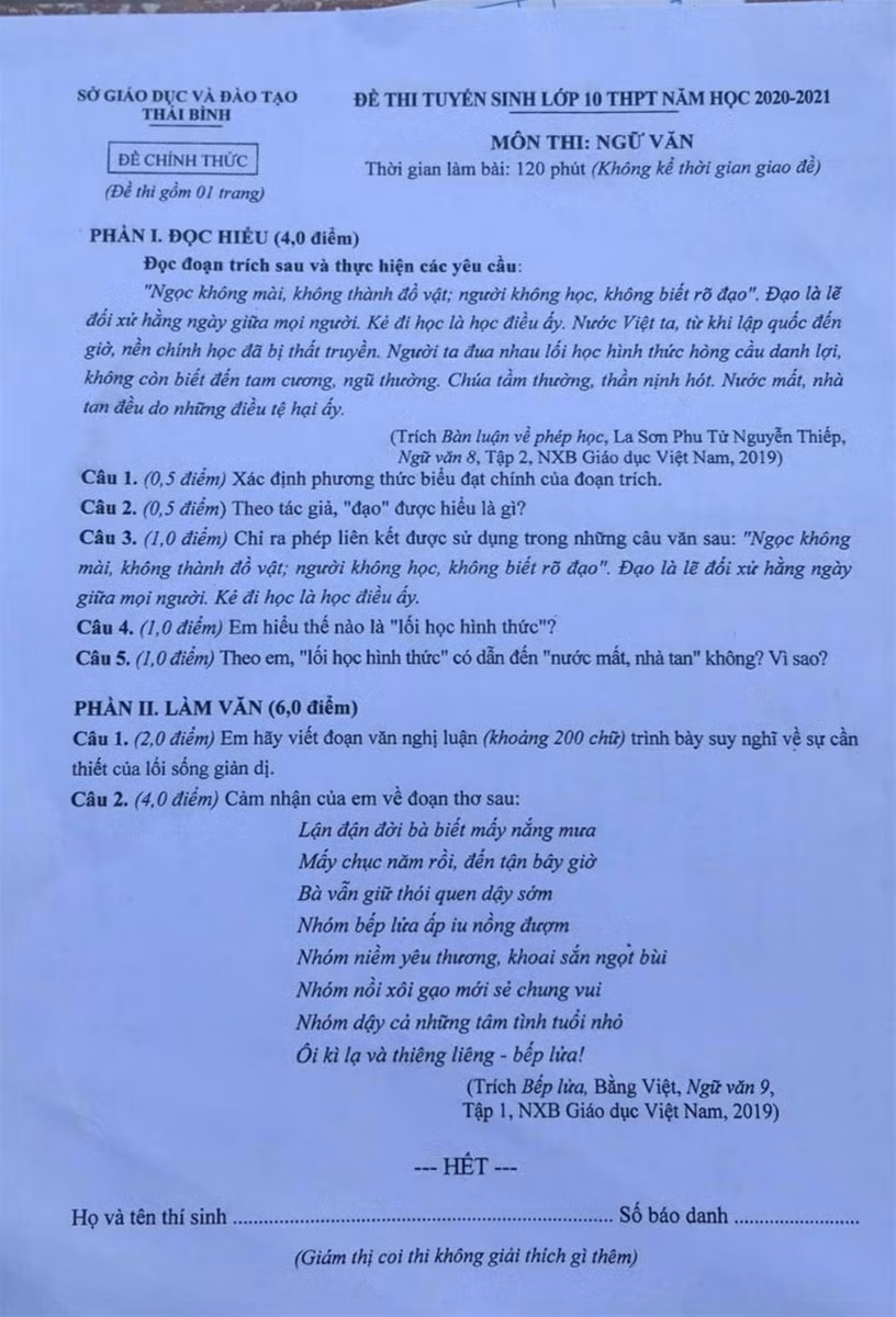 Thi vào lớp 10 tại Thái Bình: Đề Ngữ văn có tính giáo dục cao ảnh 1