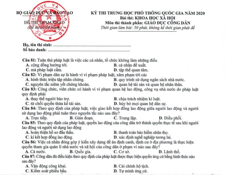 Đề tham khảo Giáo dục công dân: Lưu ý câu hỏi có khả năng gây nhiễu