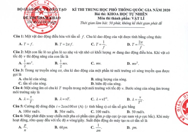 Đề minh họa Vật Lý: Kiến thức tập trung nhiều nhất ở học kỳ I lớp 12