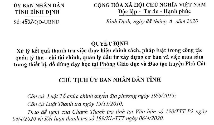 Bình Định: Phòng Giáo dục - Đào tạo huyện chi sai hàng trăm triệu đồng ảnh 1 Bình Định: Phòng Giáo dục - Đào tạo huyện chi sai hàng trăm triệu đồng ảnh 1