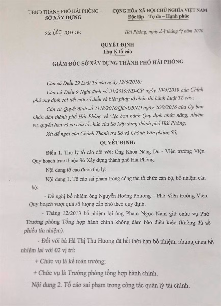 Hải Phòng: Viện trưởng Viện Quy hoạch bị “tố” nhiều sai phạm ảnh 1