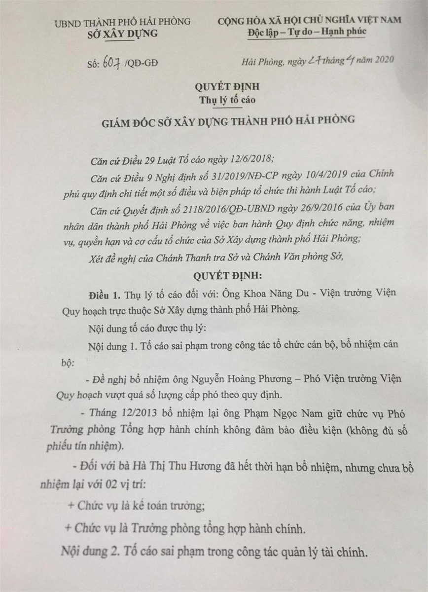 Hải Phòng: Viện trưởng Viện Quy hoạch bị “tố” nhiều sai phạm ảnh 1