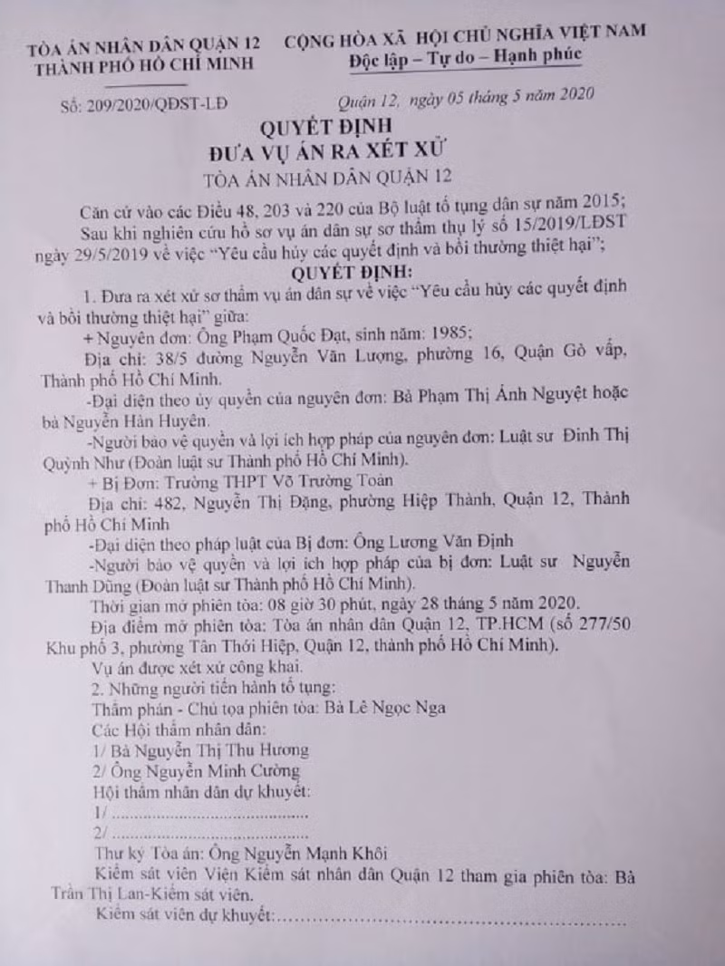 TAND Quận 12 chuẩn bị đưa ra xét xử vụ thầy giáo kiện hiệu trưởng ảnh 1