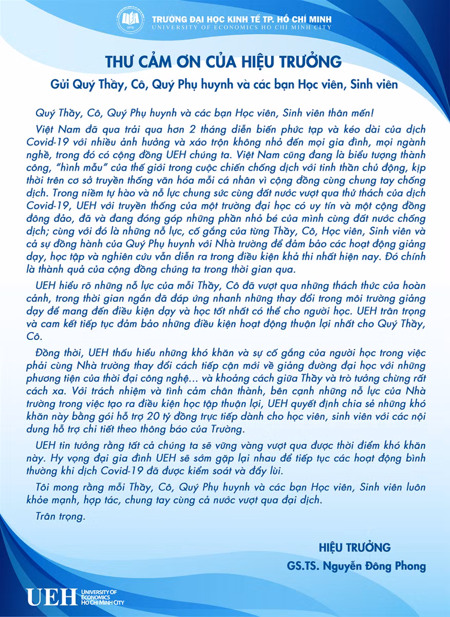 UEH hỗ trợ sinh viên, học viên bị ảnh hưởng bởi dịch Covid-19 trị giá 20 tỉ đồng ảnh 1