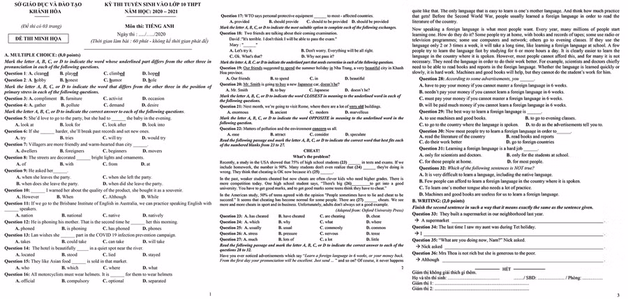 Khánh Hòa: Công bố cấu trúc đề và đề thi minh họa vào lớp 10 năm học 2020 - 2021 ảnh 3