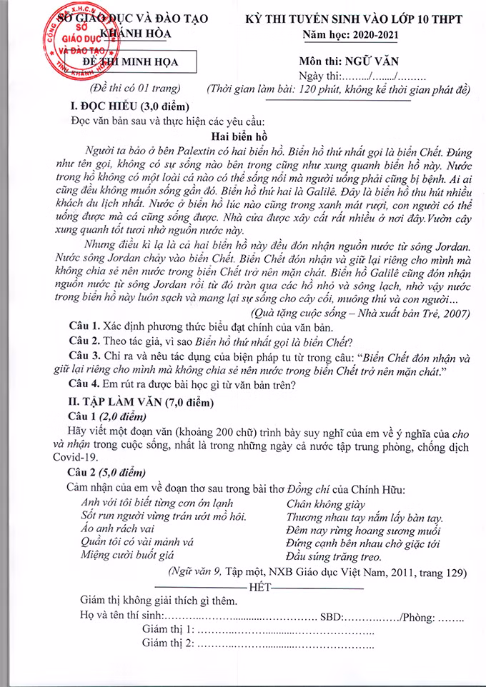 Khánh Hòa: Công bố cấu trúc đề và đề thi minh họa vào lớp 10 năm học 2020 - 2021 ảnh 1