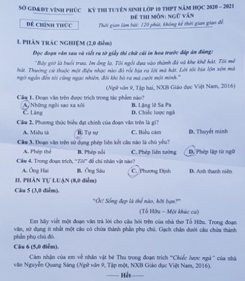 Vĩnh Phúc: Đề thi Ngữ văn vào lớp 10 đảm bảo phân loại học sinh ảnh 1 Vĩnh Phúc: Đề thi Ngữ văn vào lớp 10 đảm bảo phân loại học sinh ảnh 1