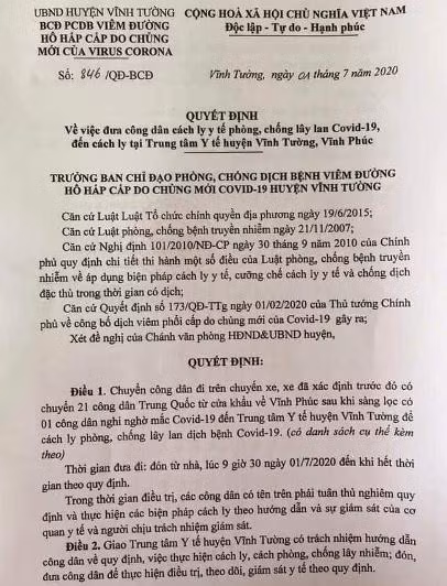 Vĩnh Phúc: Cách ly y tế 9 công dân để phòng Covid-19 ảnh 1