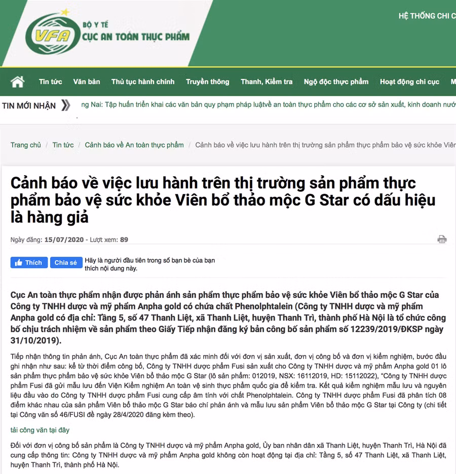 Cục An toàn thực phẩm phối hợp công an điều tra sản phẩm G-Star chứa chất gây ung thư ảnh 2