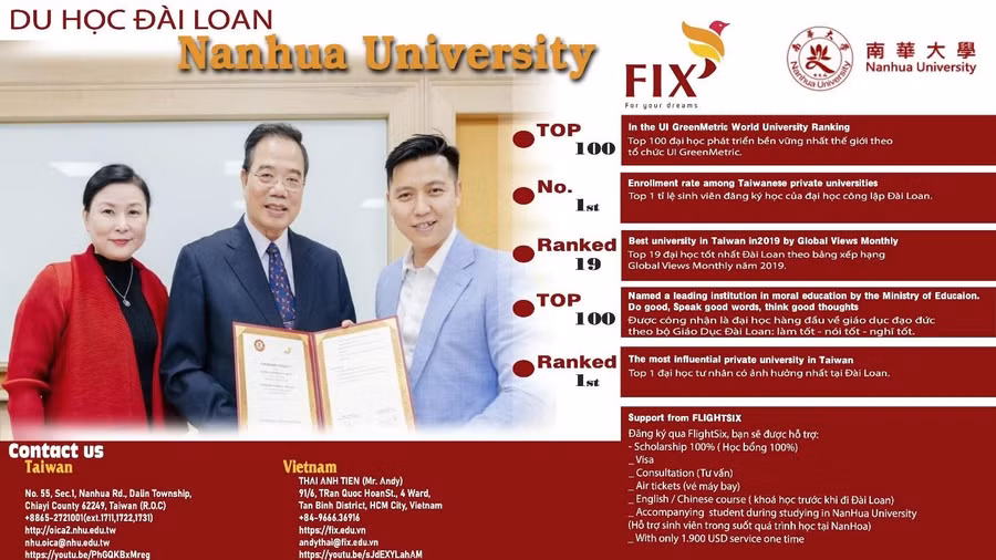 Hơn 250 suất học bổng du học Trường Đại học Nam Hoa dành cho học sinh Việt Nam khu vực ĐBSCL ảnh 1