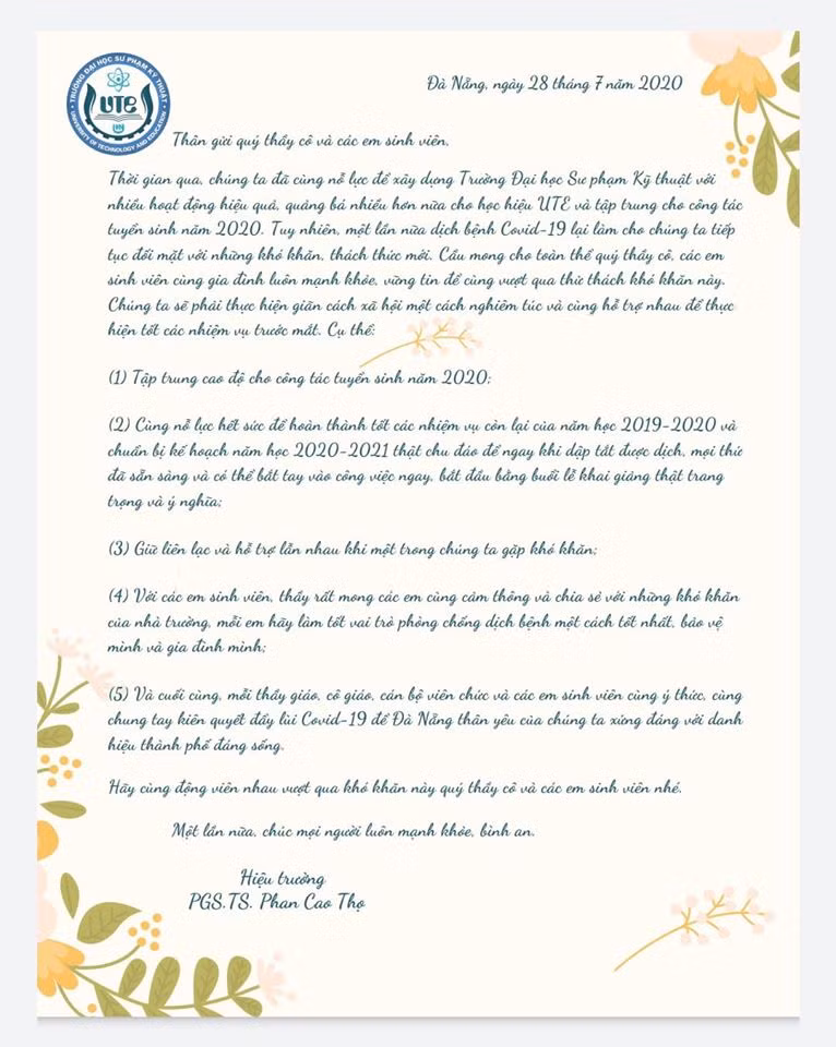 Hiệu trưởng viết thư kêu gọi thầy cô và sinh viên chung tay đẩy lùi COVID-19 ảnh 1