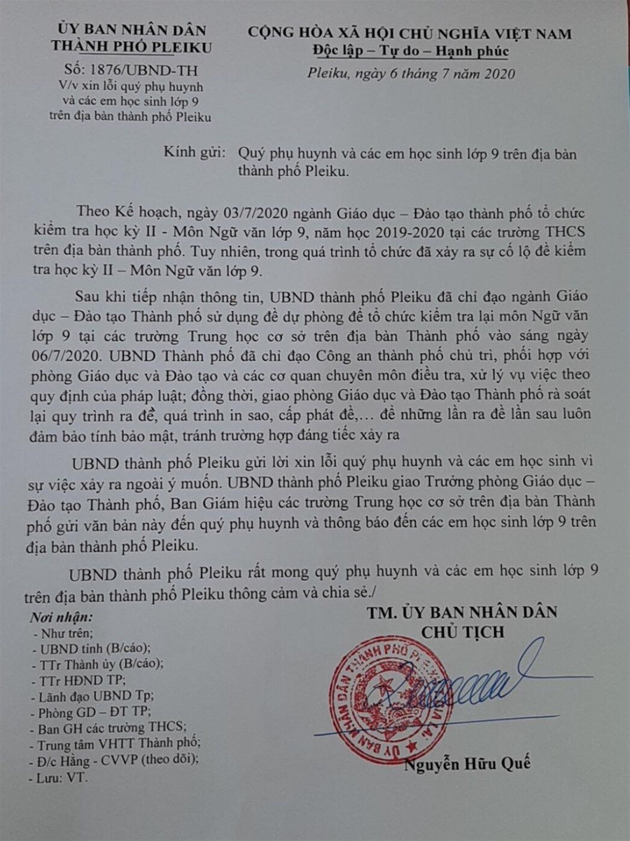 Gia Lai: Chủ tịch UBND thành phố xin lỗi phụ huynh và học sinh vụ lộ đề thi ảnh 1 Gia Lai: Chủ tịch UBND thành phố xin lỗi phụ huynh và học sinh vụ lộ đề thi ảnh 1