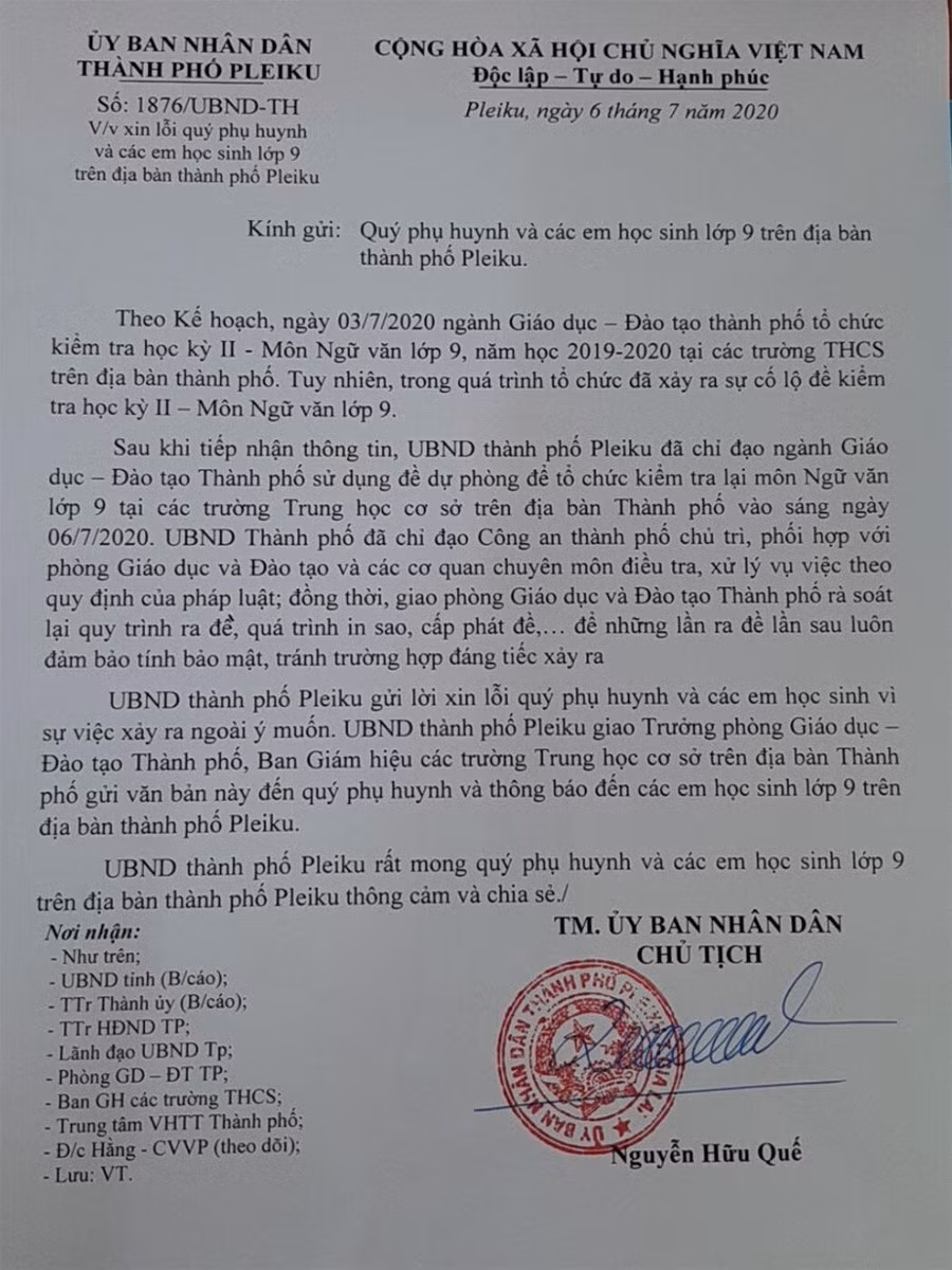 Gia Lai: Chủ tịch UBND thành phố xin lỗi phụ huynh và học sinh vụ lộ đề thi ảnh 1